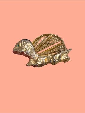Gold Turtle Shell Brooch with Teal Eye